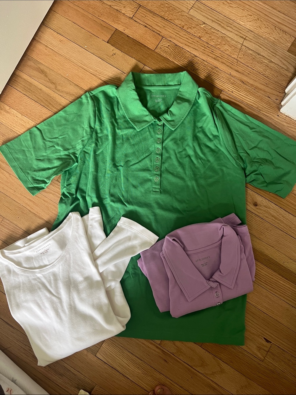 Appleseed's Green Polo with White Tee and Lavender Polo